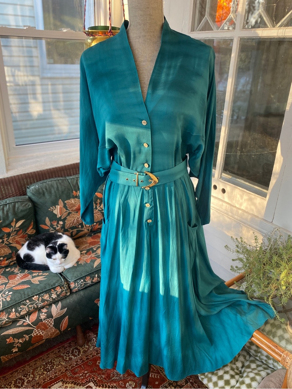 Vintage 80s Women’s Teal Belted Button-Front Dress